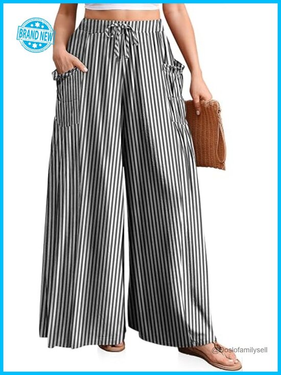 Pants - Wide Leg Linen Blend Palazzo Pants with Side Pockets